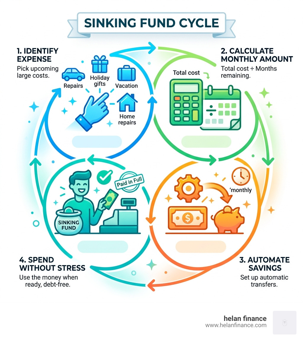 Sinking fund cycle: identify expense, calculate monthly amount, automate savings, spend without stress - sinking fund