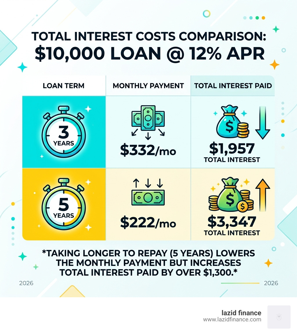 Table comparing total interest costs for a $10,000 loan at 12% APR. 3-year term: $332/mo, $1,957 total interest. 5-year