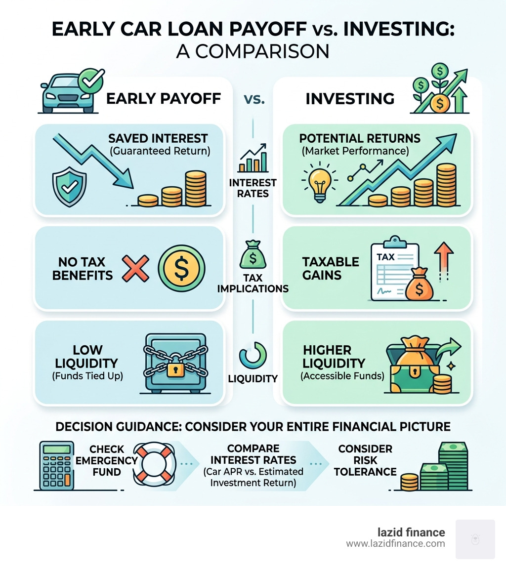 Comparison of early payoff vs. investing: Interest rates, tax implications, and liquidity - best way to pay off car loan