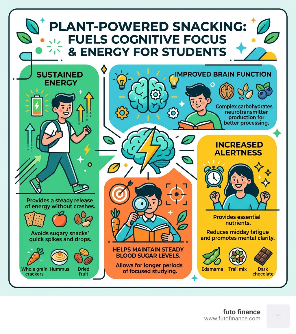 Benefits of plant-based snacking for student cognitive focus and energy - popular snacks that are vegan infographic 
