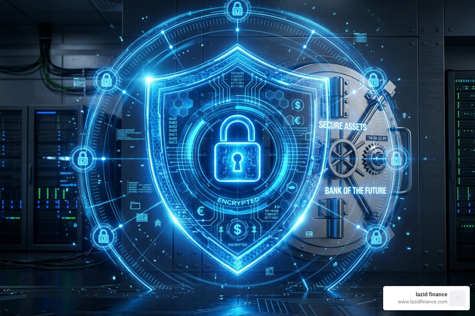 An encrypted data shield representing bank-level security for financial data - automated finance net worth