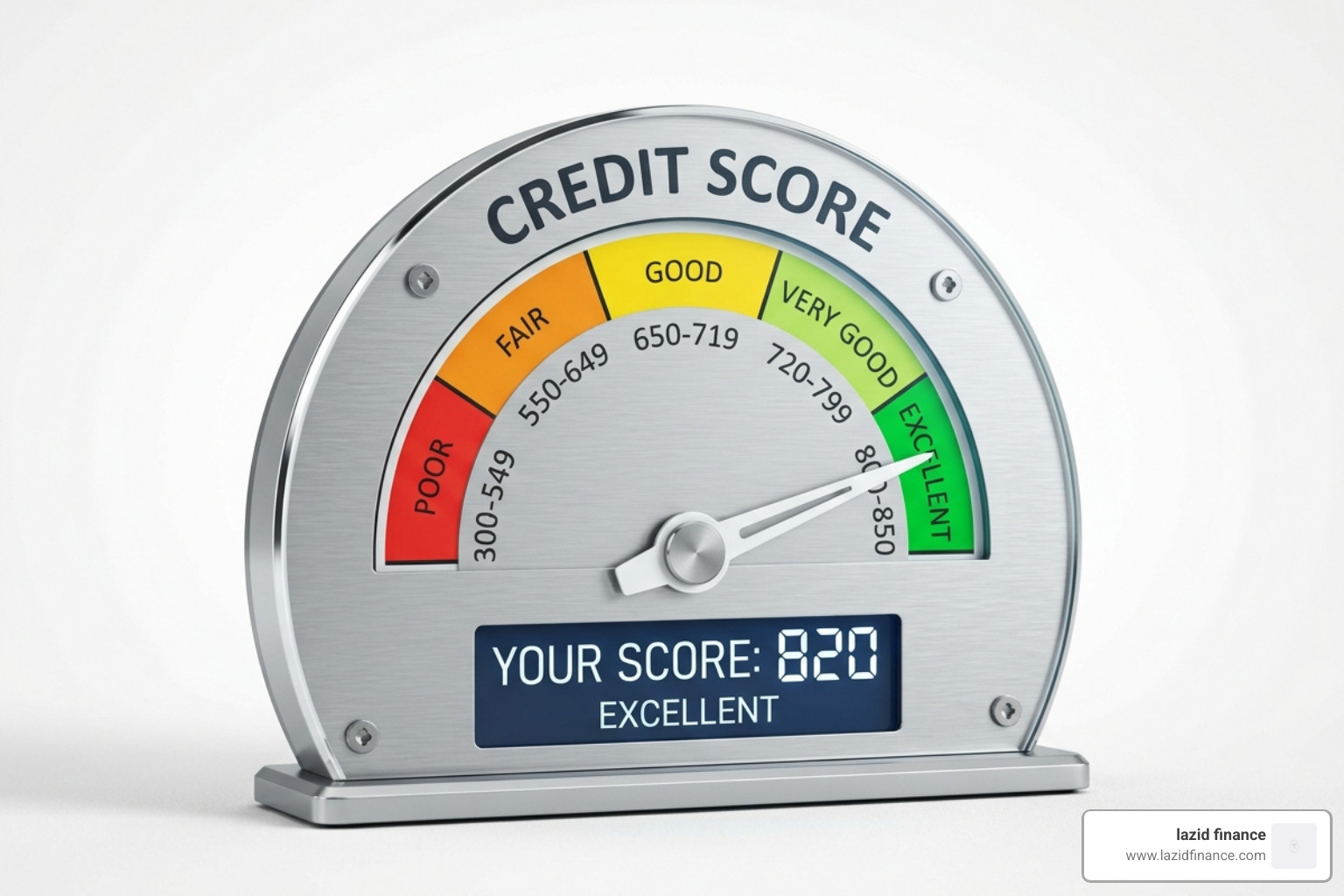 A credit score meter pointing to the 'Excellent' green zone - cheap loan comparison
