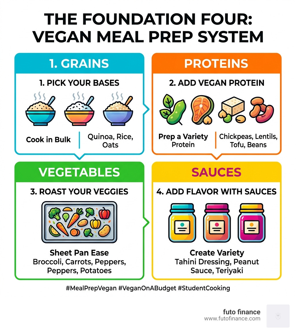 Infographic showing the Foundation Four vegan meal prep system: grains, proteins, vegetables, and sauces - meal prep vegan