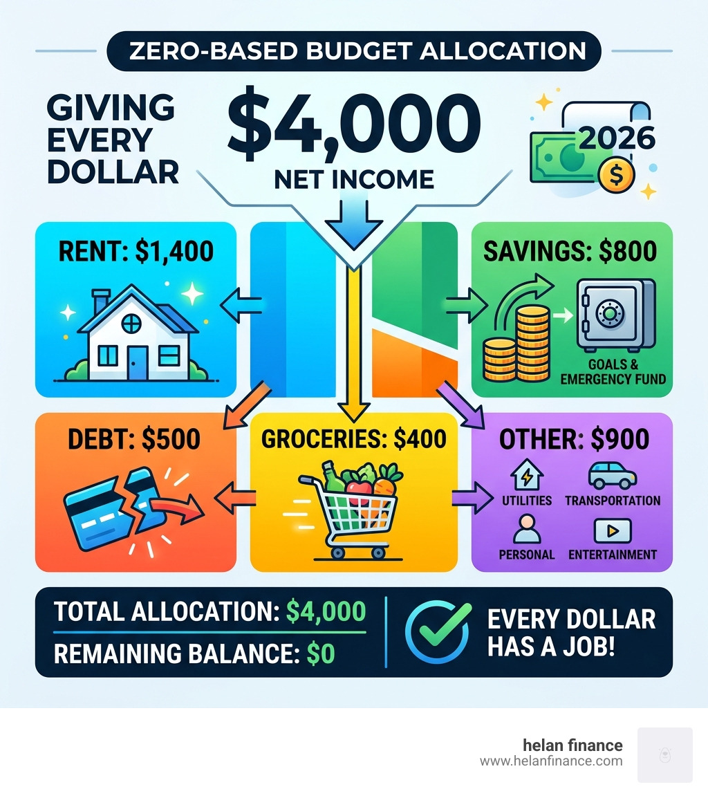 Infographic showing the allocation of a $4,000 income: $1,400 rent, $400 groceries, $800 savings, $500 debt, $900 other