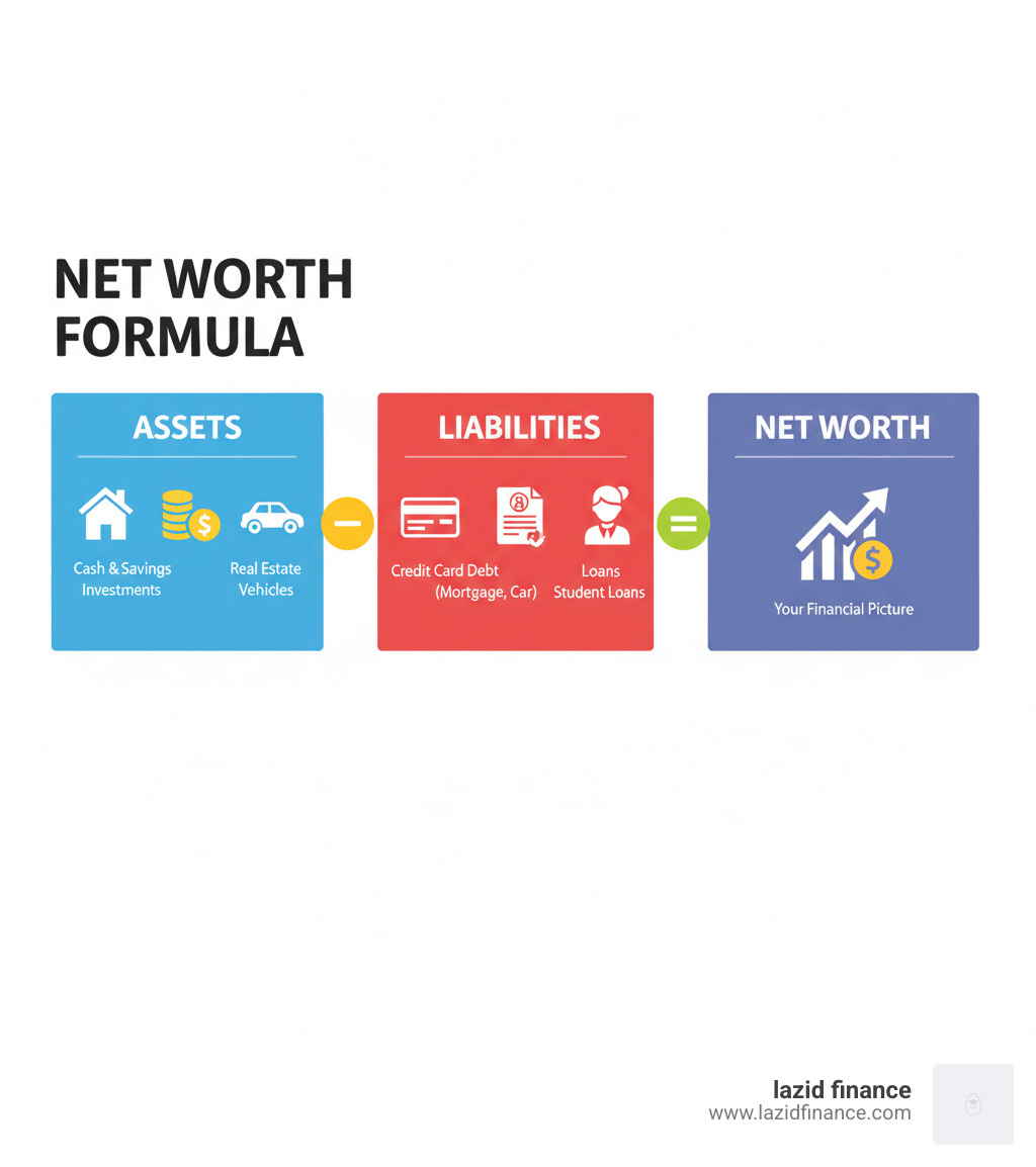Net worth formula infographic: Assets minus Liabilities equals Net Worth, with examples of each category - automated finance