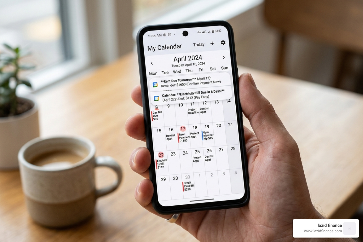 digital calendar on a smartphone showing bill alerts and reminders - automatic bill reminder app