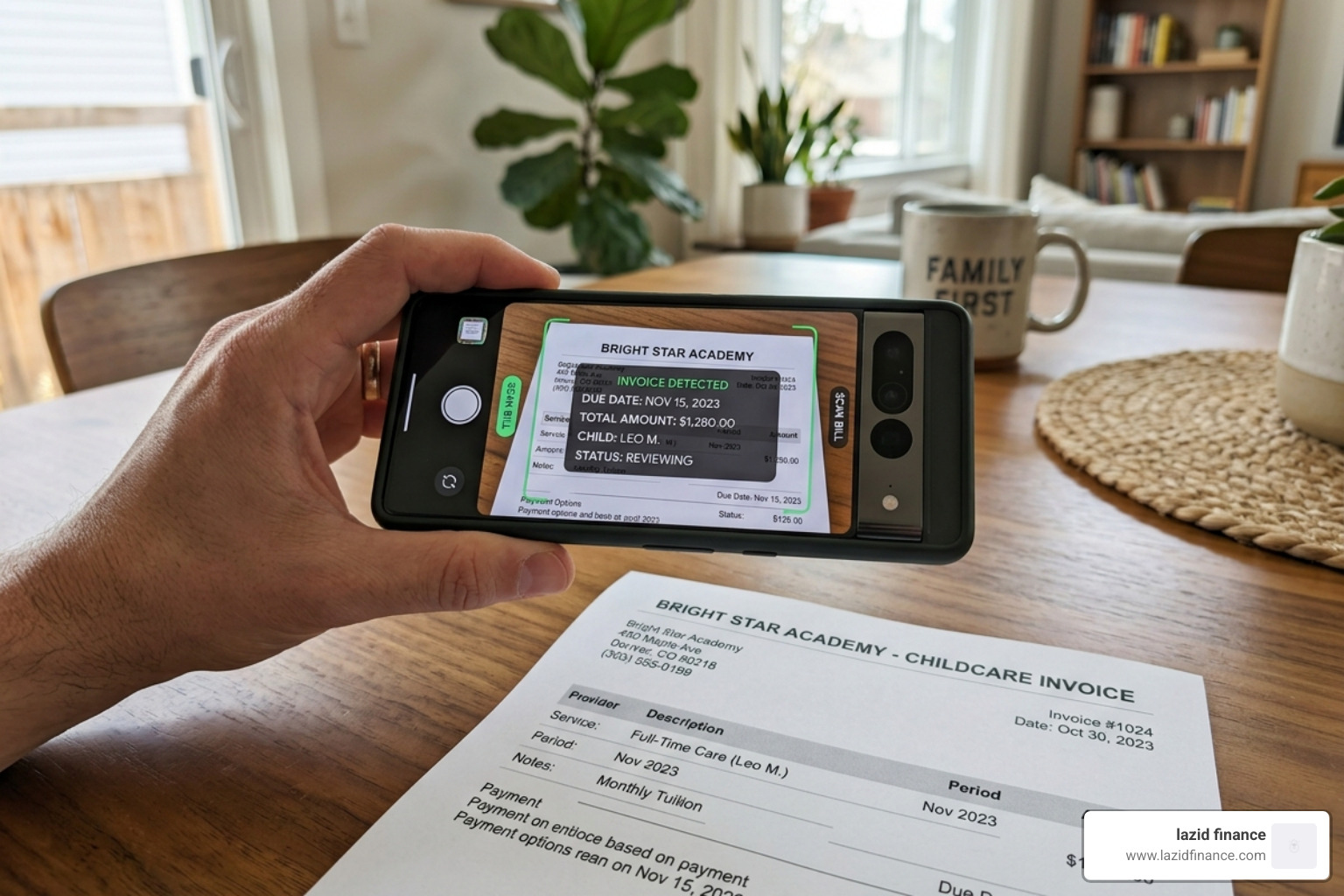 childcare invoice being scanned by a smartphone camera - automatic bill reminder app