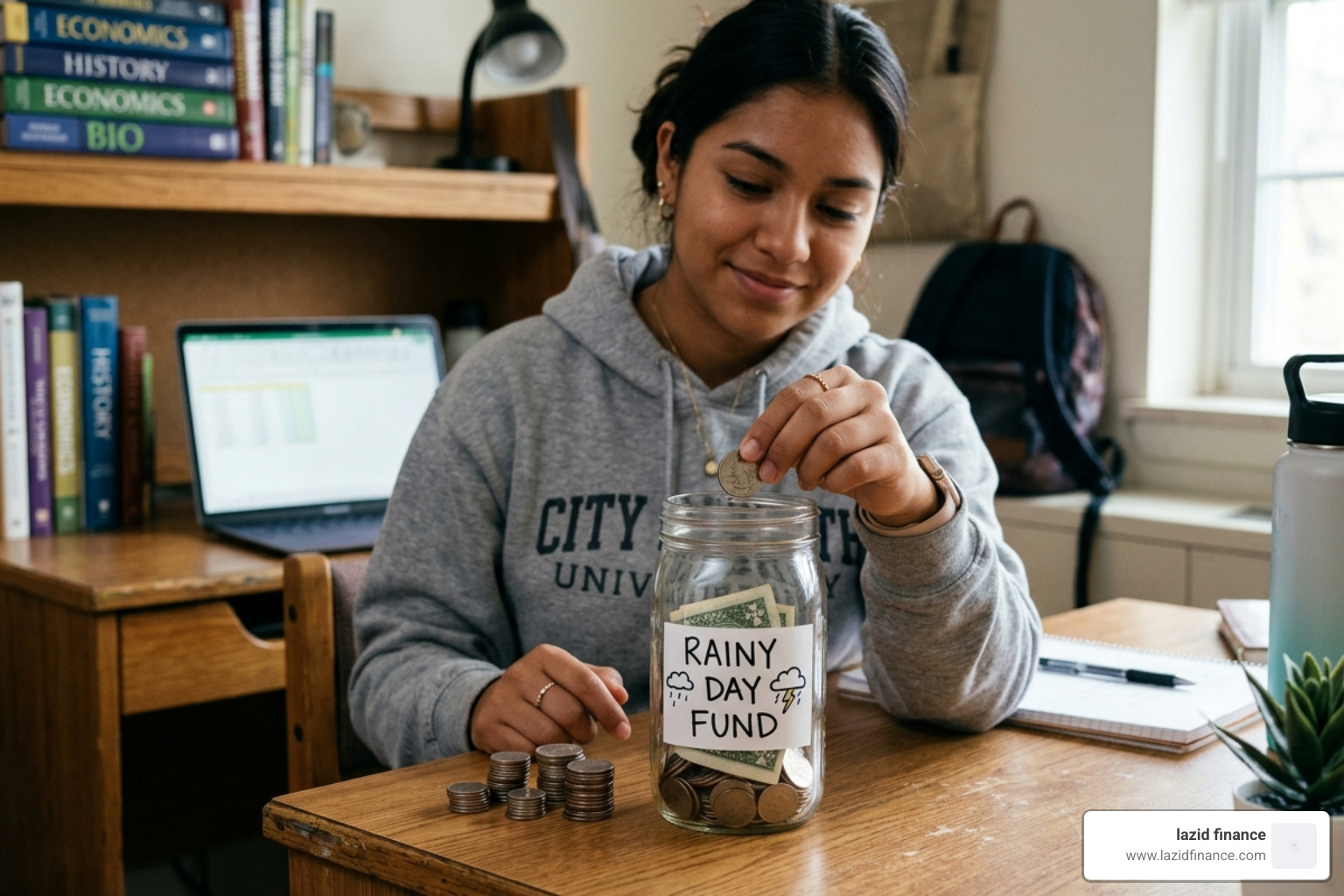 Student placing coins into a "Rainy Day" savings jar to represent a short-term emergency fund - financial goals for students