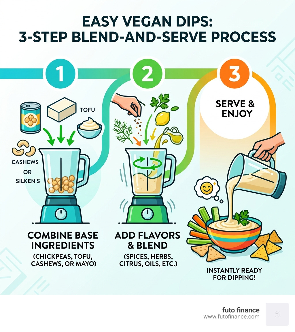 3-step blend-and-serve process for making easy vegan dips at home - easy vegan dip infographic 