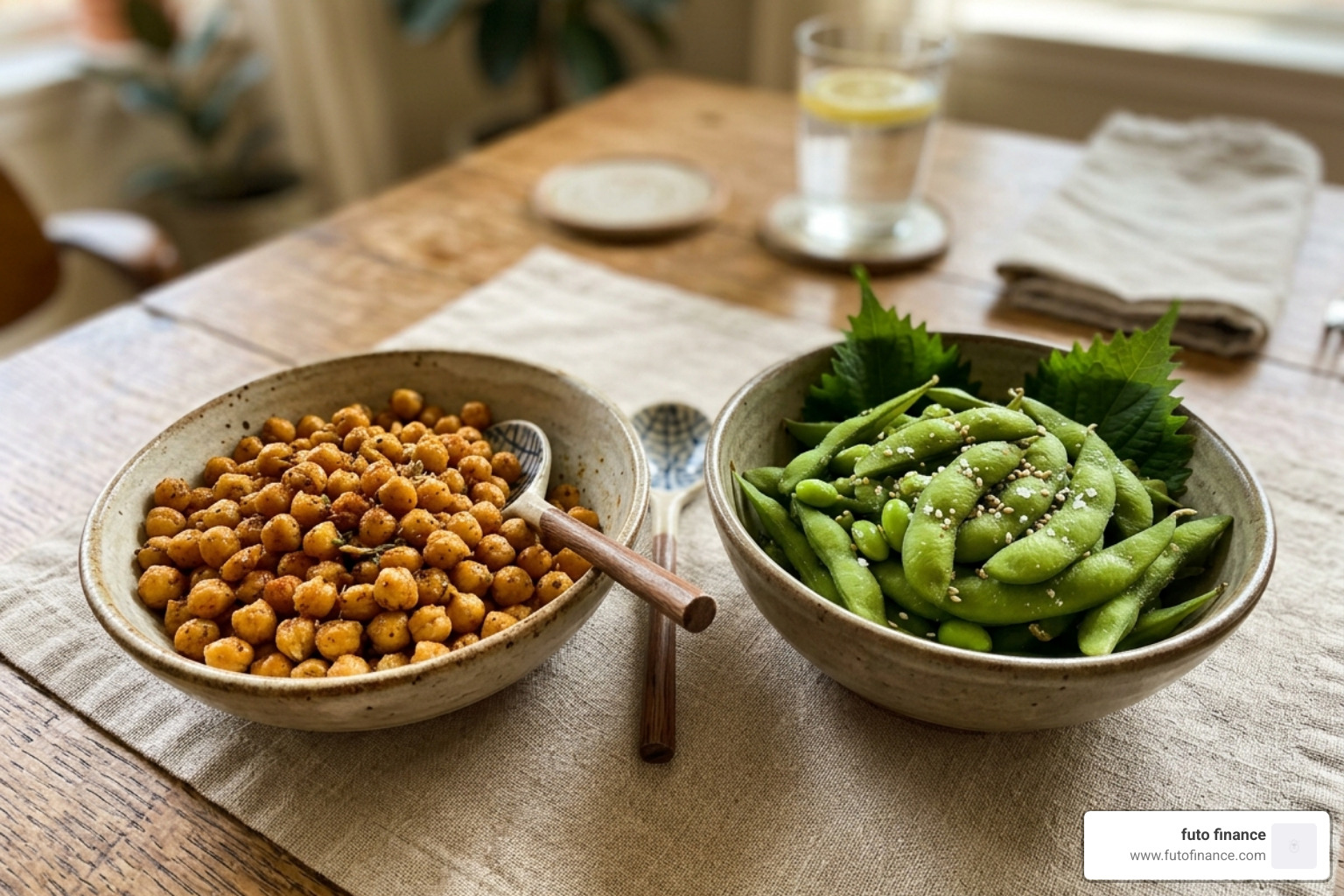 Savory vegan snacks: roasted chickpeas and steamed edamame - high-protein vegan snacks whole foods