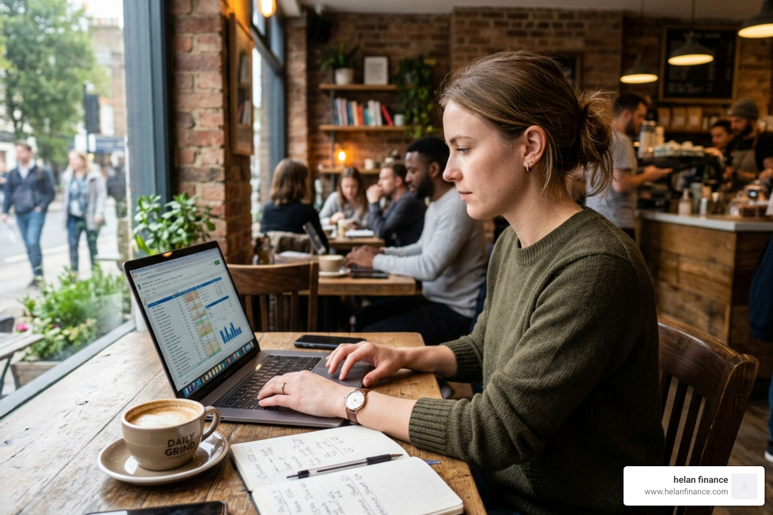 A freelancer sitting in a cafe, managing their fluctuating monthly income on a laptop - zero based budget