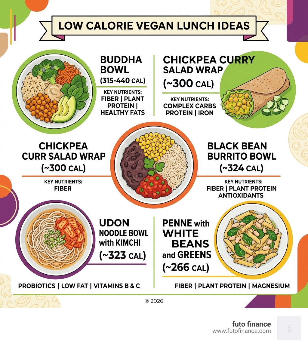 Infographic showing low calorie vegan lunch options with calorie counts and key nutrients per meal - low calorie lunch vegan