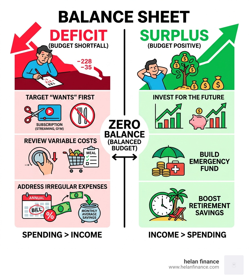Financial balance sheet with red and green columns showing a deficit and a surplus - budget worksheet infographic 