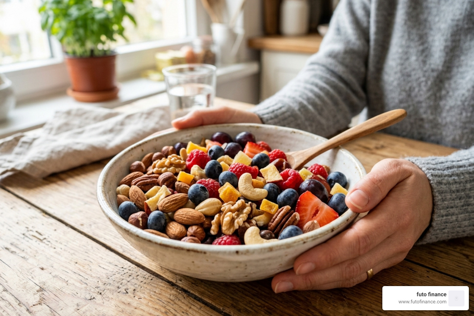 A healthy snack bowl with nuts and fruit - popular snacks that are vegan