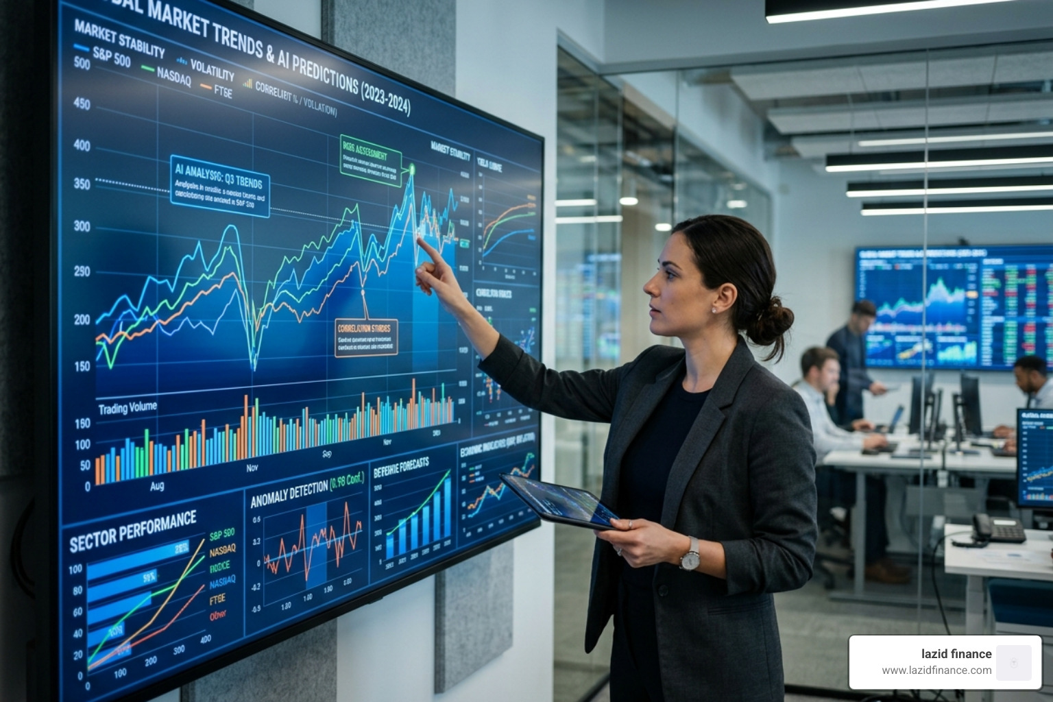 An AI financial analyst interpreting complex data trends on a screen - automated finance net worth