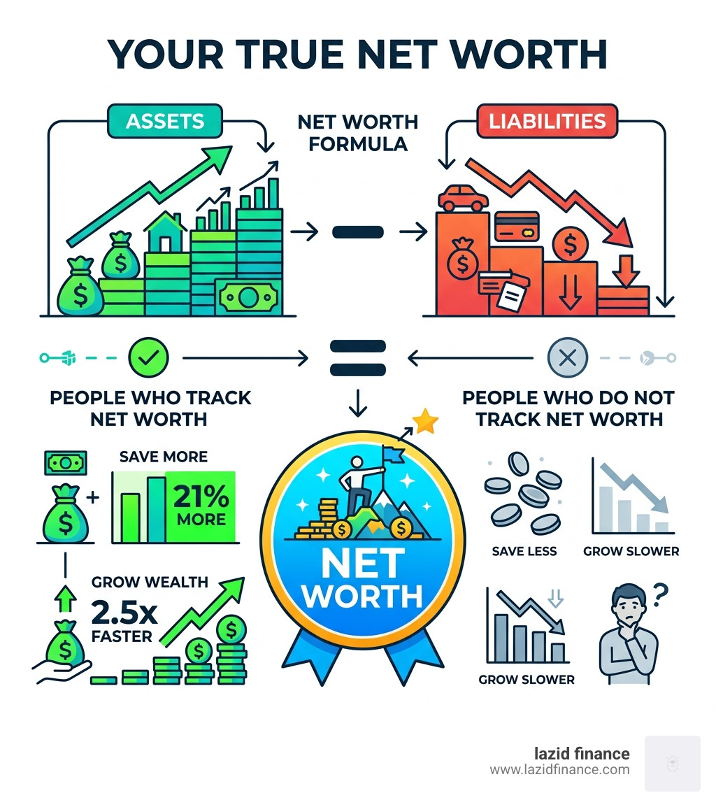 infographic showing net worth formula assets minus liabilities and key wealth tracking statistics - wealth tracker app