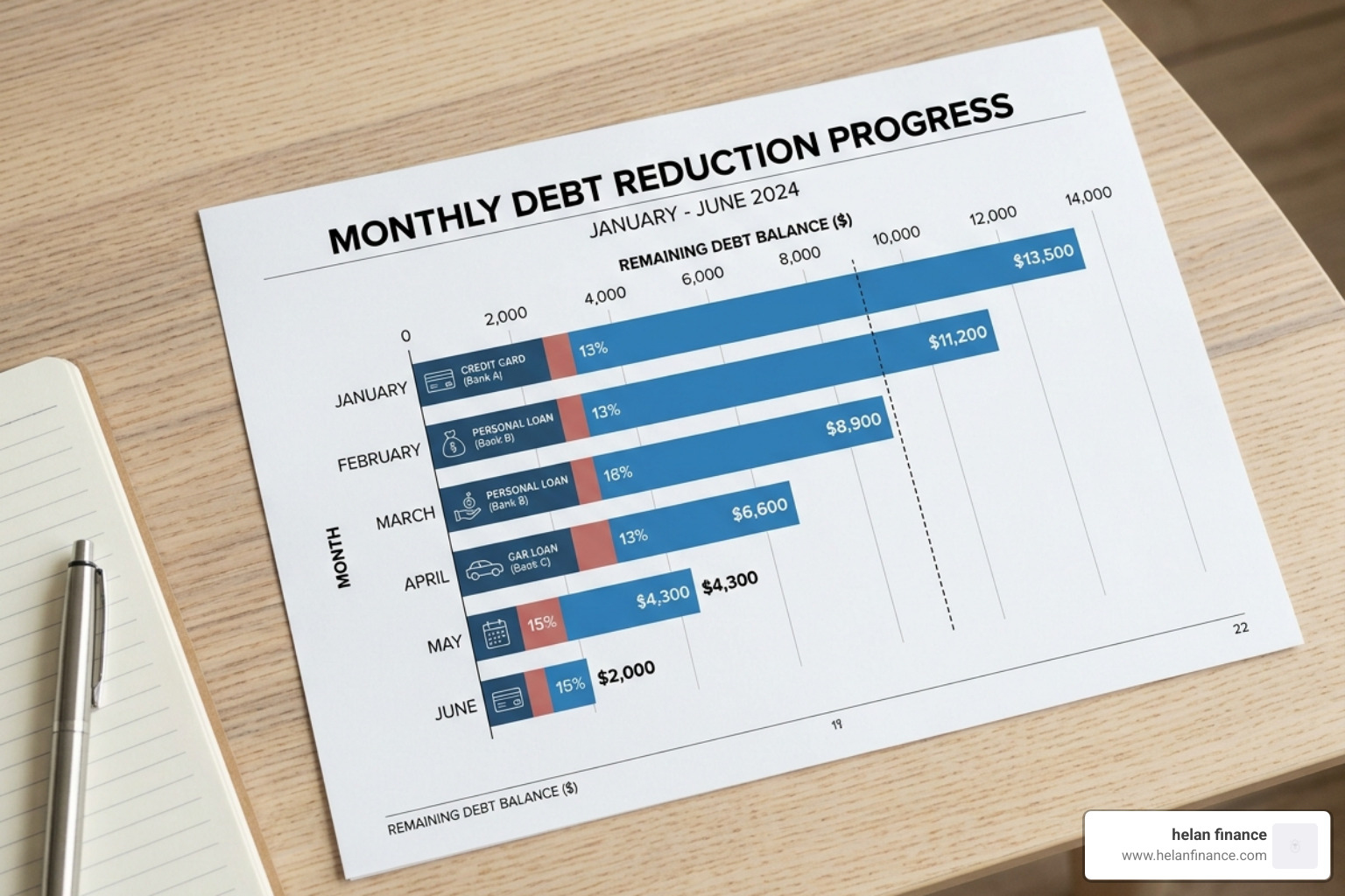 a bar chart showing the progress of debt being paid off over several months - beginner financial planning routines