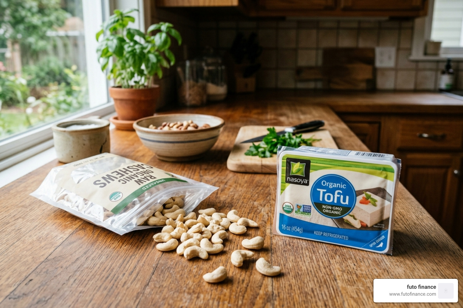 raw cashews and silken tofu on a kitchen counter - easy vegan dip