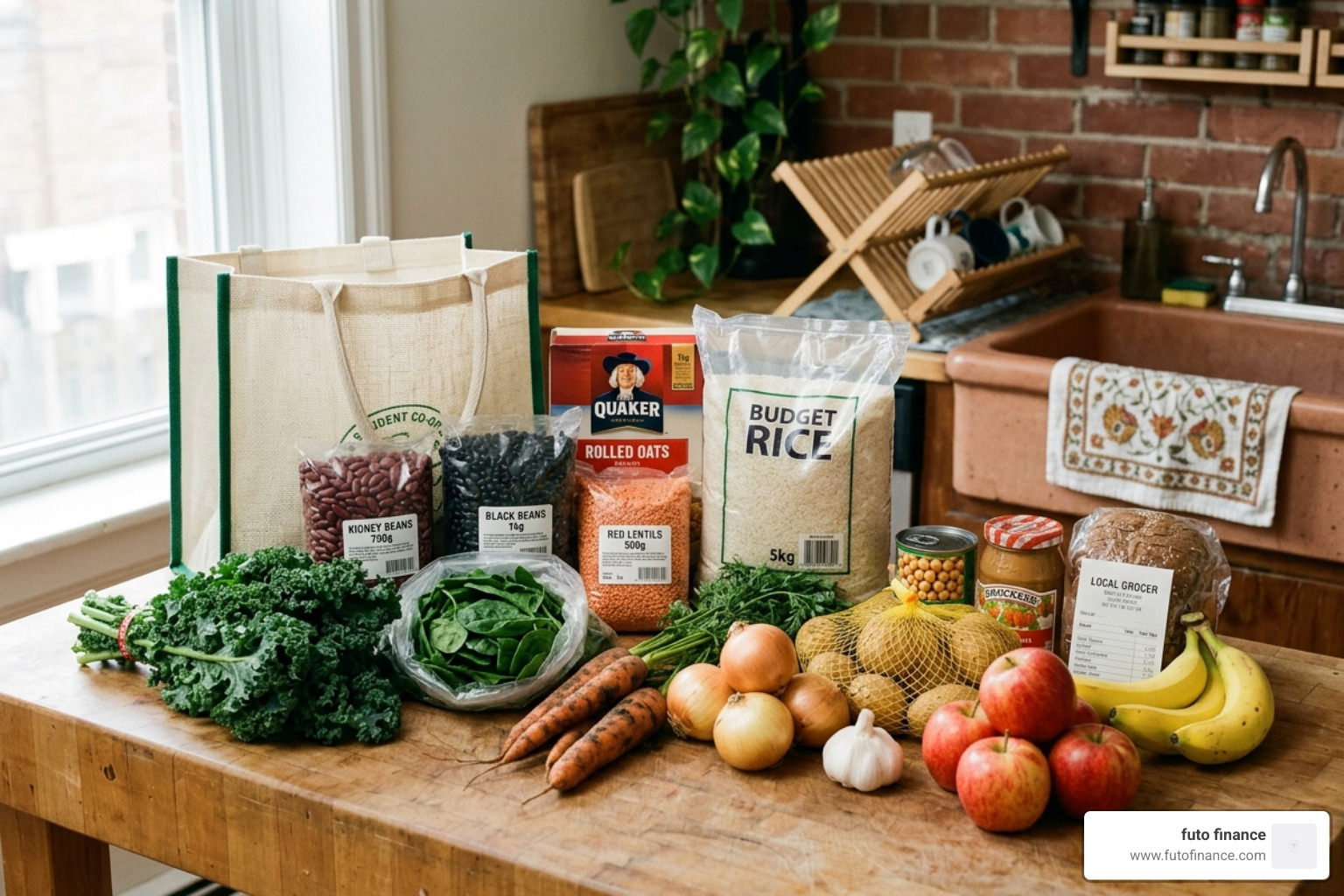 student budget-friendly grocery haul with beans, grains, and seasonal produce - meal prep vegan