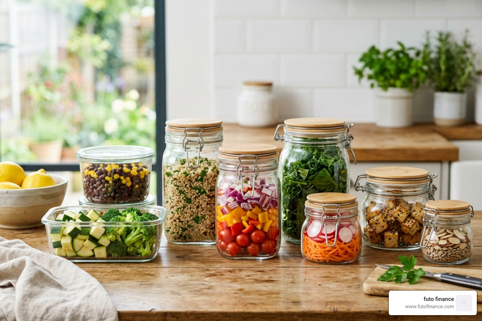 airtight glass storage containers filled with prepped vegan ingredients - meal prep vegan