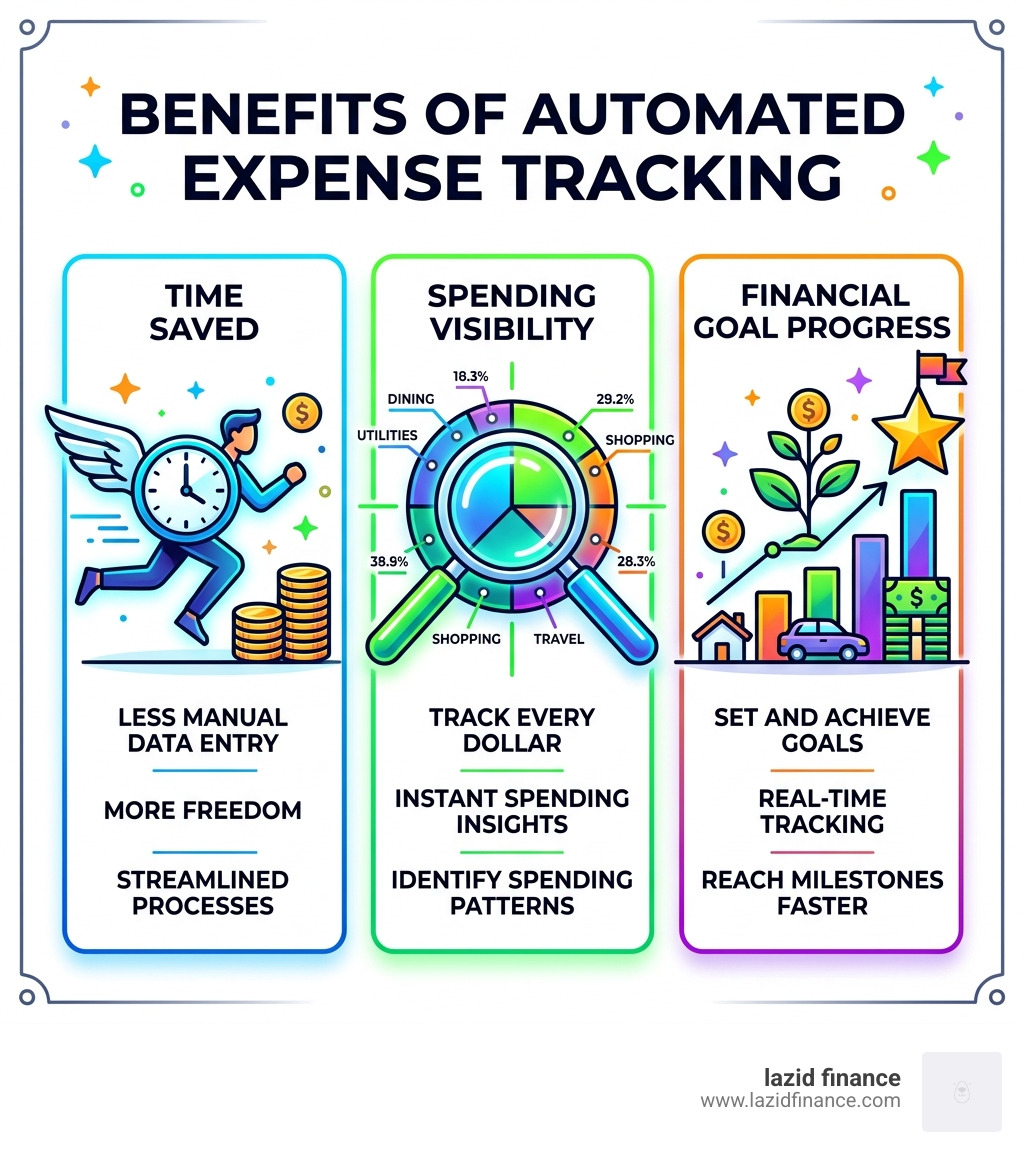 Benefits of automated expense tracking infographic showing time saved, spending visibility, and financial goal progress