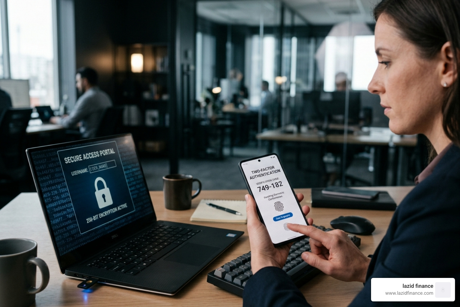 Graphic illustrating bank-grade security protocols including 256-bit encryption and multi-factor authentication - personal