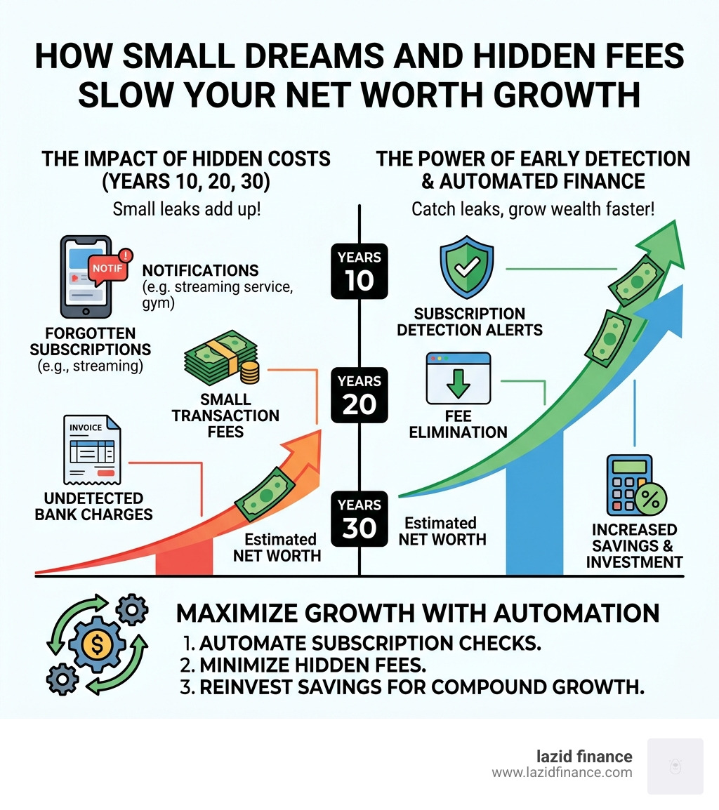 Infographic showing the impact of small fees and forgotten subscriptions on long-term net worth growth - automated finance