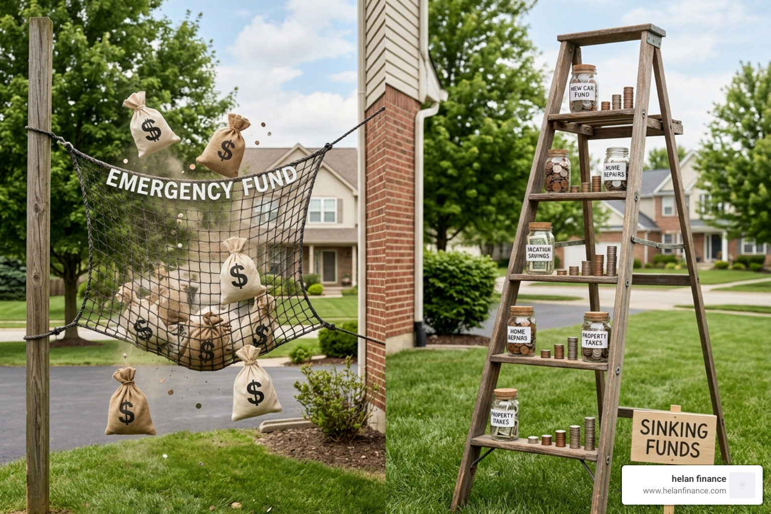 A safety net representing an emergency fund vs. a savings ladder representing sinking funds - sinking fund