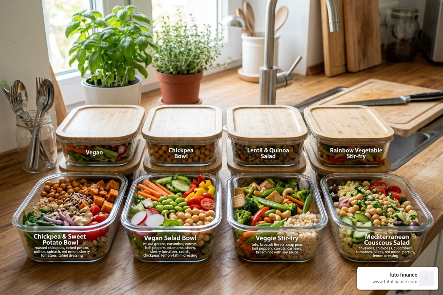 Meal prepped glass containers with colorful vegan lunches - low calorie lunch vegan