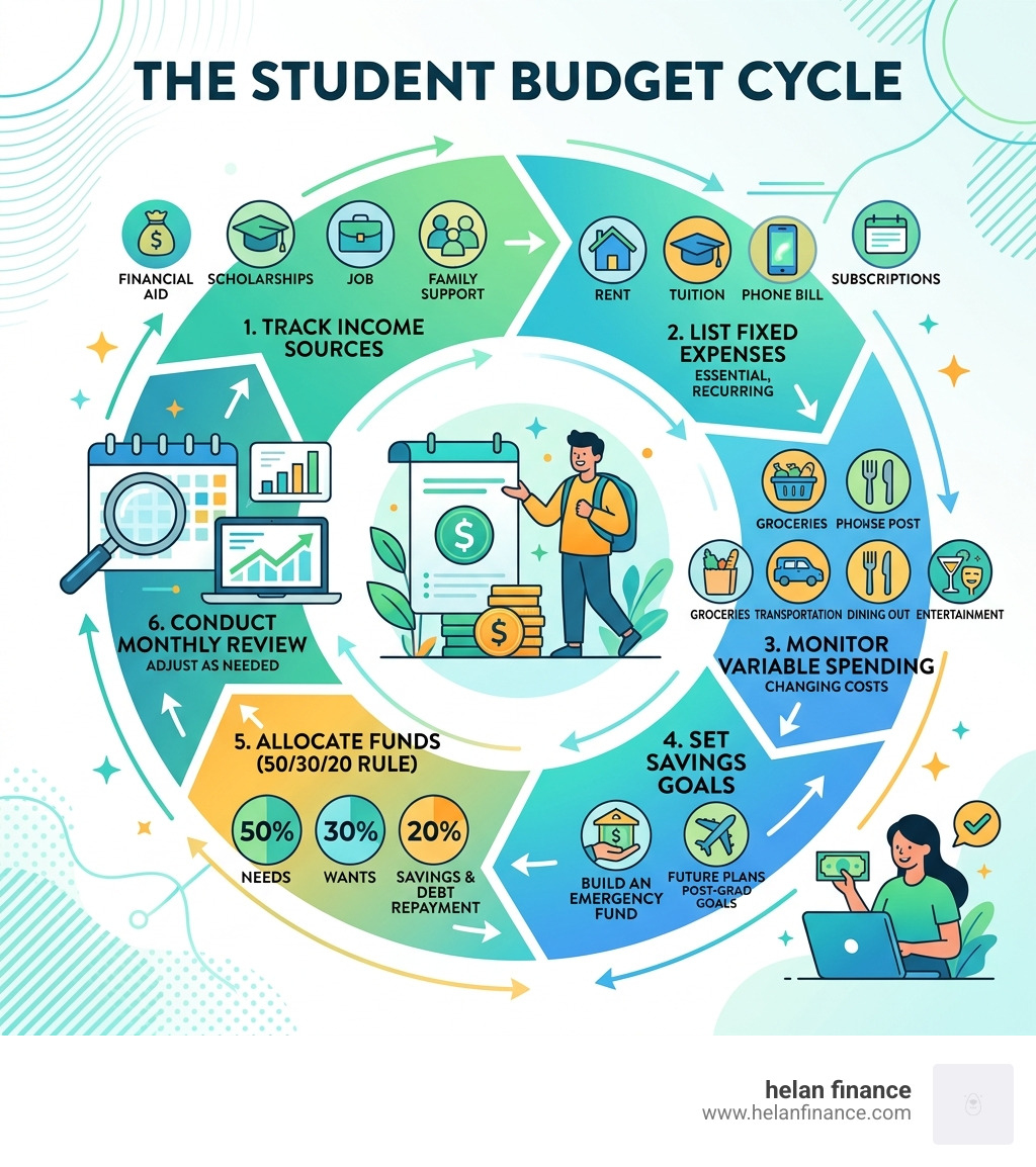 Student budget cycle infographic showing income sources, expense categories, savings goals, and monthly review - student