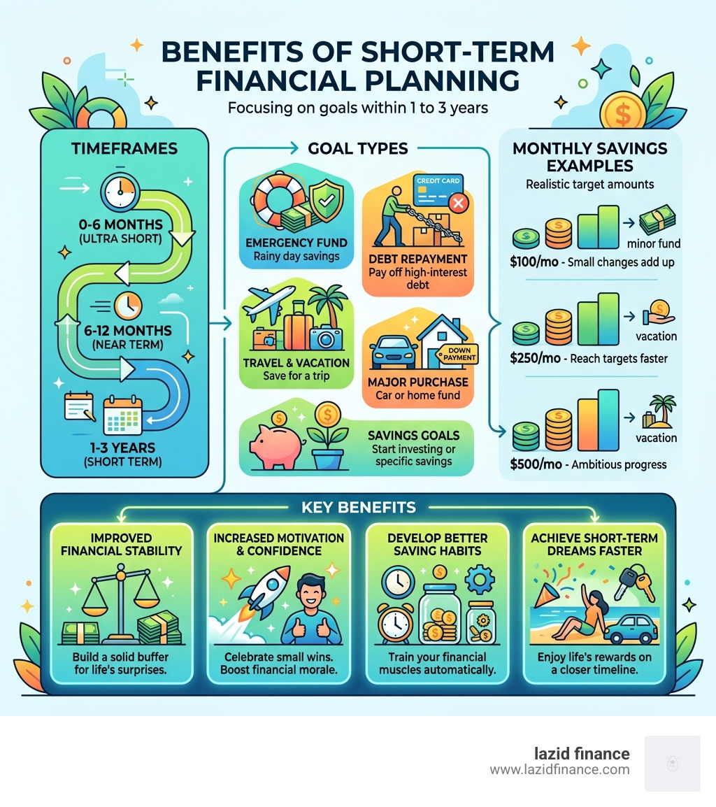 benefits of short-term financial planning infographic: timeframes, goal types, monthly savings examples, and key benefits
