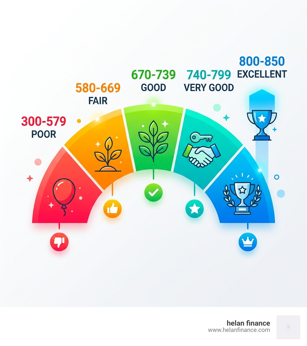 Infographic showing credit score ranges: 300-579 Poor, 580-669 Fair, 670-739 Good, 740-799 Very Good, 800-850 Excellent