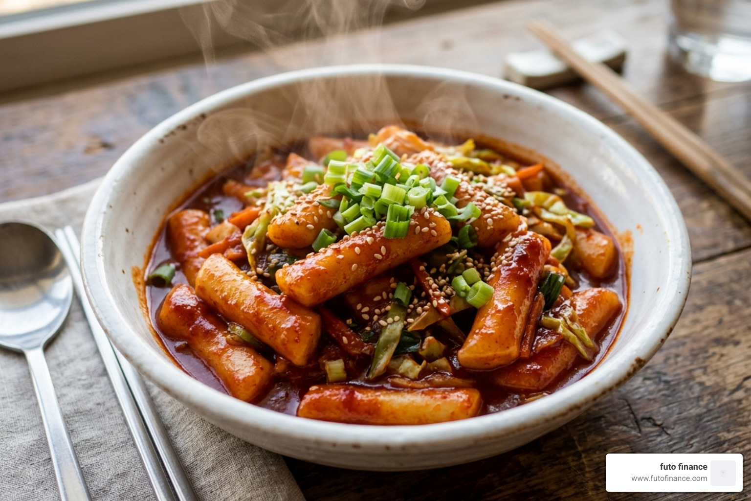 A 15-minute spicy vegan tteokbokki bowl with scallions - fast vegan rice cakes