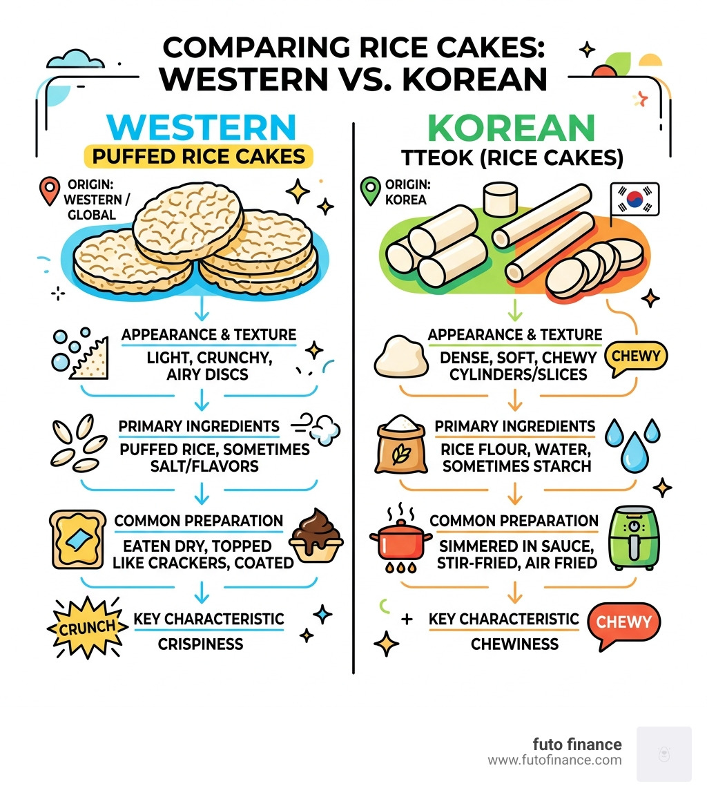 Infographic comparing Western puffed rice cakes and Korean tteok rice cakes side by side - fast vegan rice cakes infographic 