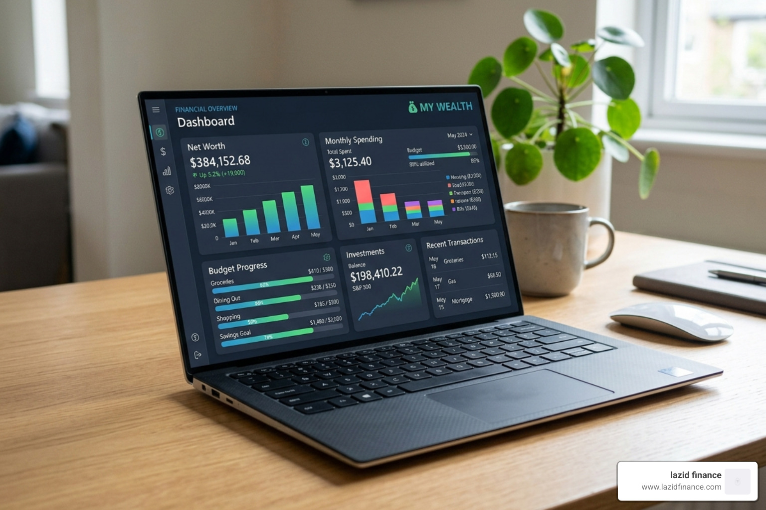 A comprehensive financial dashboard showing net worth, monthly spending, and budget progress - personal finance app