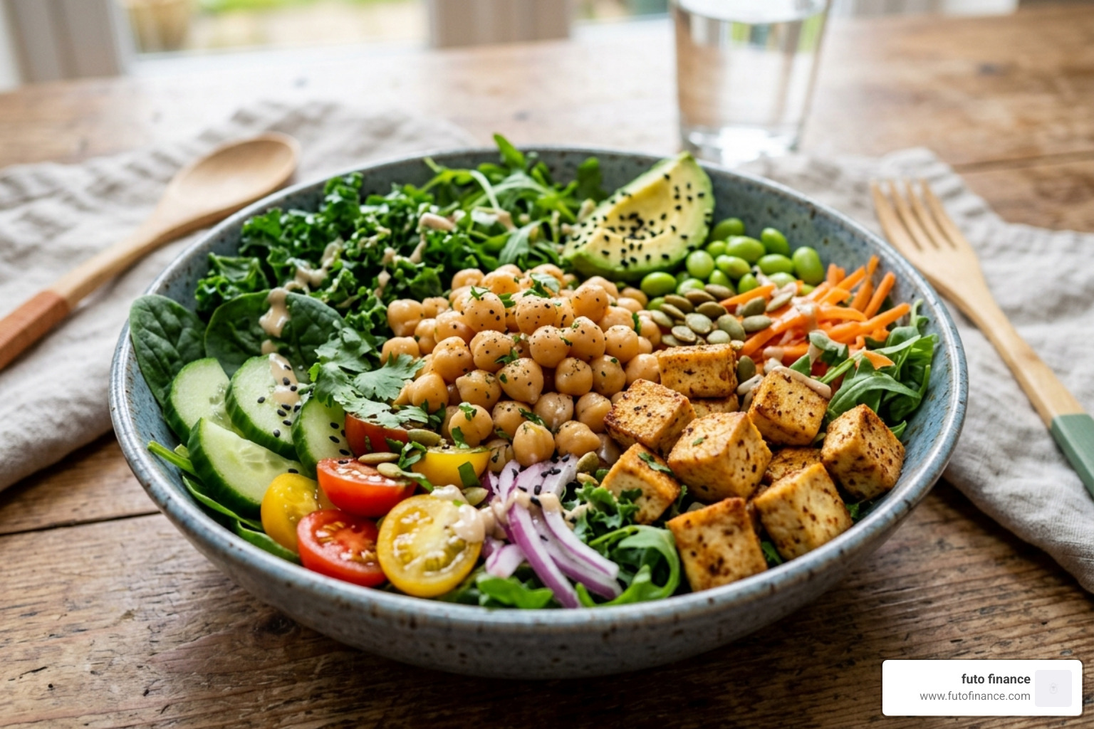 Bowl of fresh produce including chickpeas, tofu, and leafy greens - low calorie lunch vegan