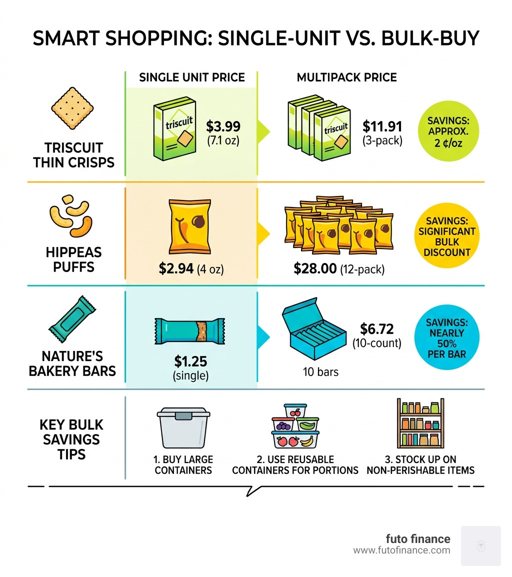 Comparison table of single-unit prices vs. bulk-buy multipacks - vegan snacks cheap infographic 