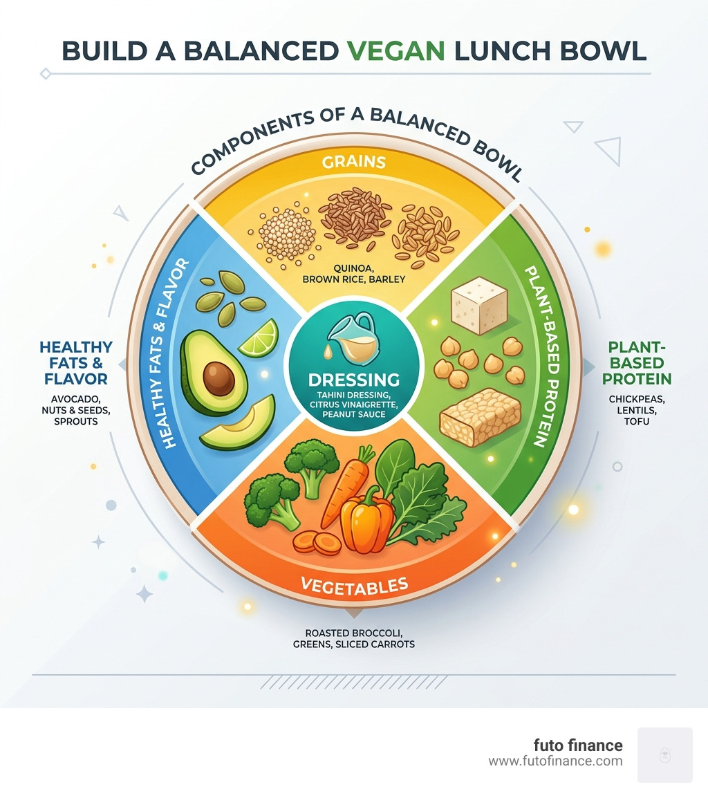 Components of a balanced vegan lunch bowl including grains, protein, vegetables, and dressing - vegan recipes lunch