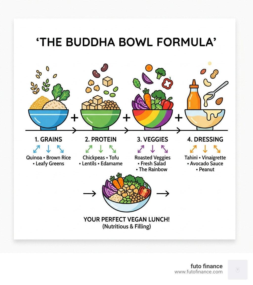 Infographic explaining the Buddha Bowl formula: Grains + Protein + Veggies + Dressing - vegan recipes lunch infographic 