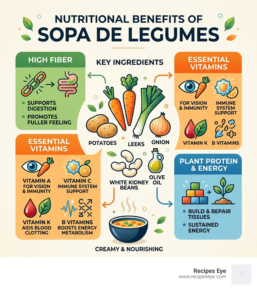 Nutritional benefits of sopa de legumes infographic showing fiber, vitamins, protein and key ingredients - sopa de legumes