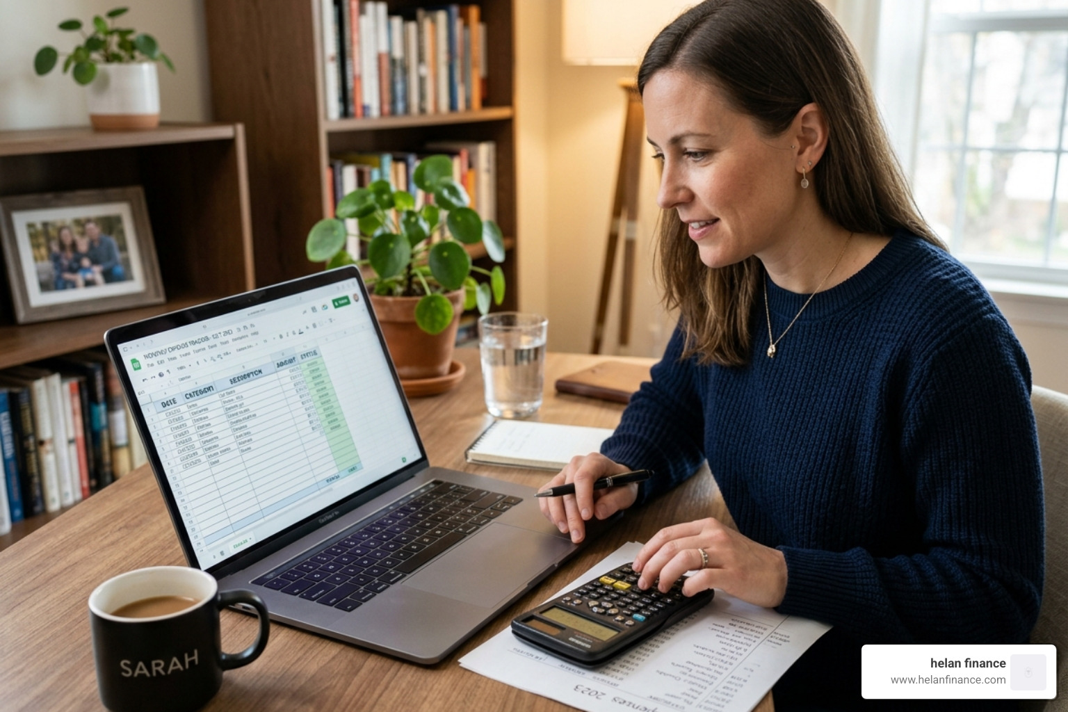 Person using a calculator and a spreadsheet to organize monthly expenses - budget worksheet