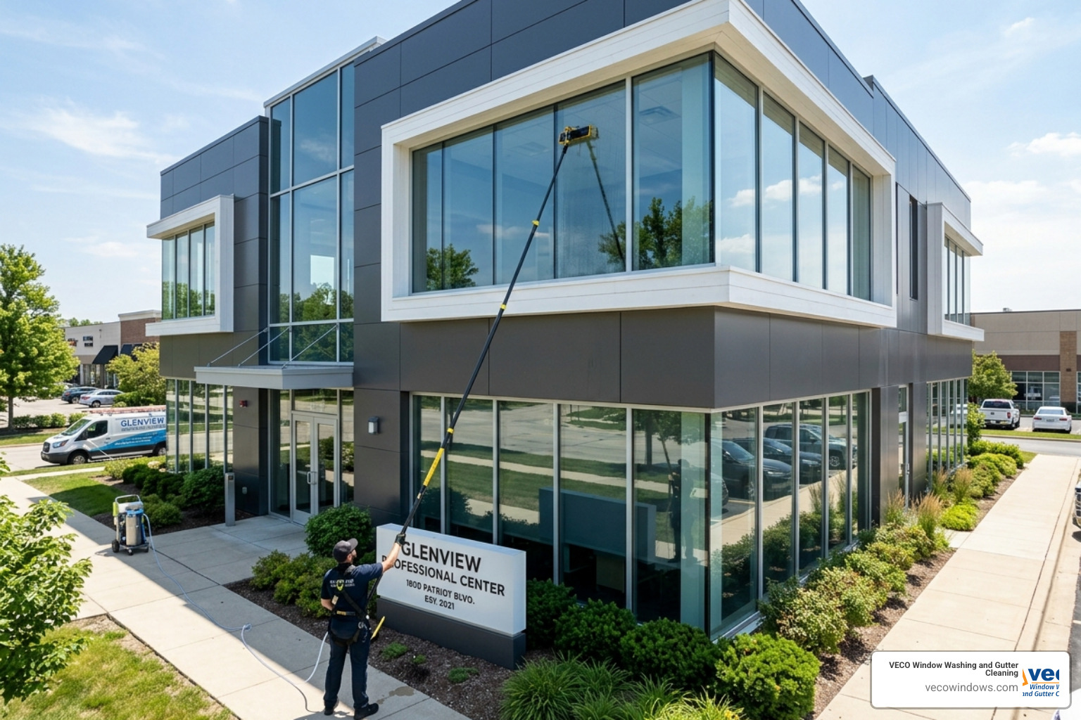 Technician using a water-fed pole to clean second-story windows in Glenview - commercial window cleaning price