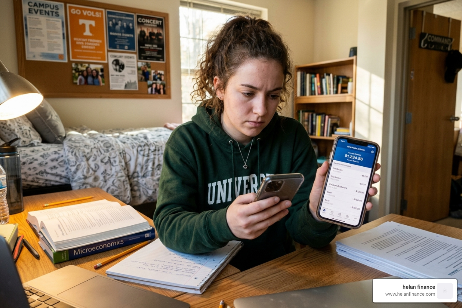 student reviewing a bank statement on their phone - student budget building tips