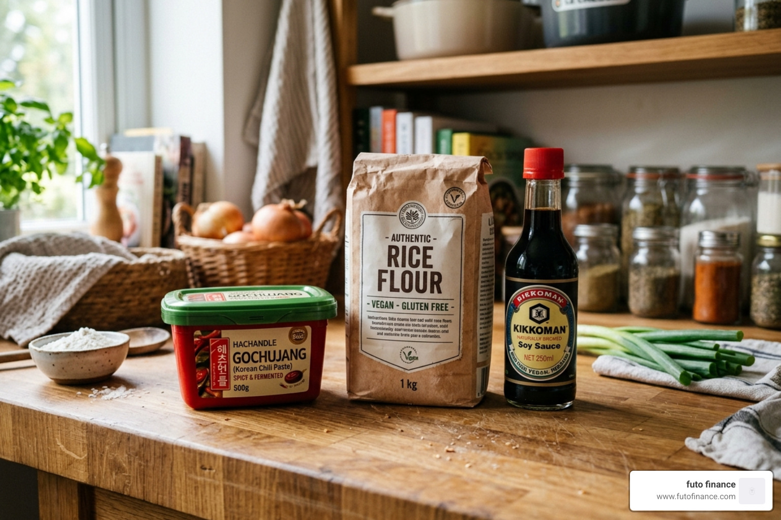 Vegan pantry staples like gochujang, rice flour, and soy sauce - fast vegan rice cakes