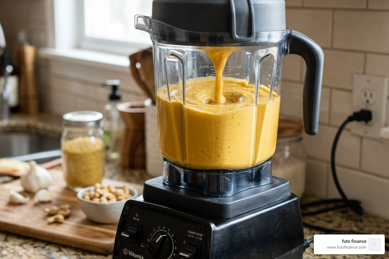 high-speed blender with golden cheese sauce - simple vegan mac and cheese