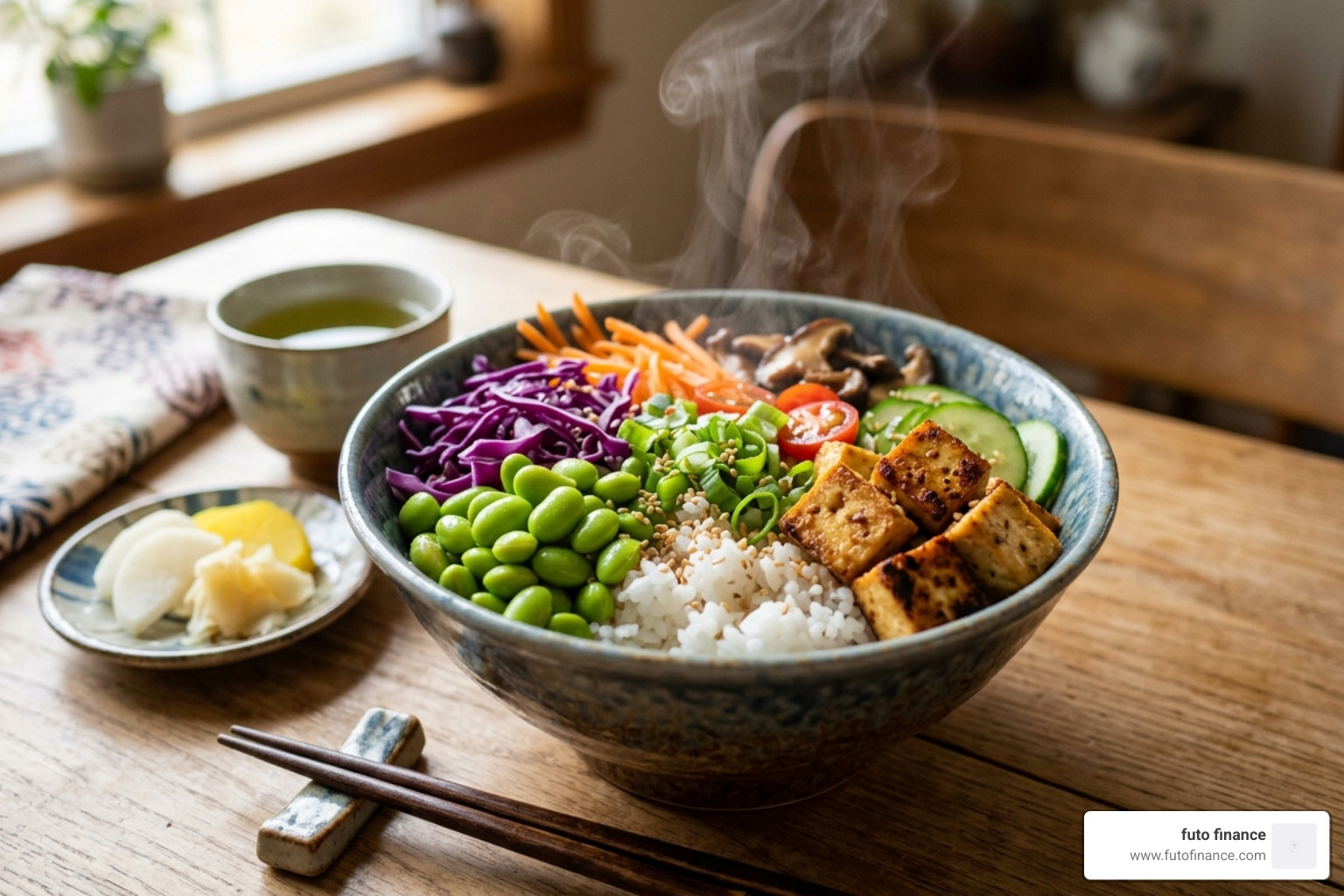 A steaming bowl of Japanese-style rice topped with colorful vegan ingredients - simple rice bowl recipes