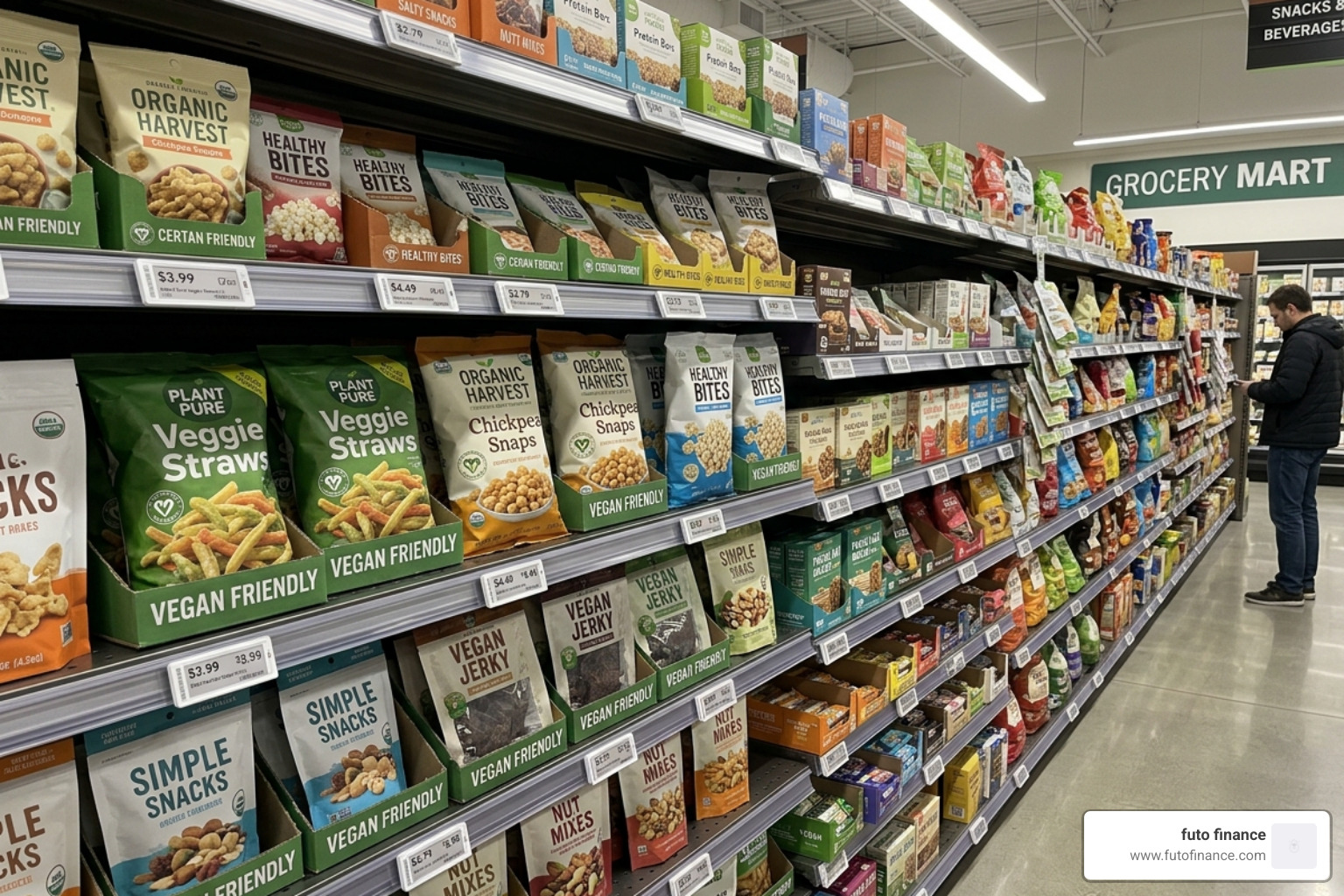 grocery store aisles with vegan labels and price tags - vegan snacks cheap
