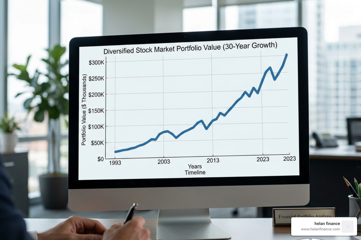 chart showing the growth of a diversified stock market portfolio over thirty years - retirement planning