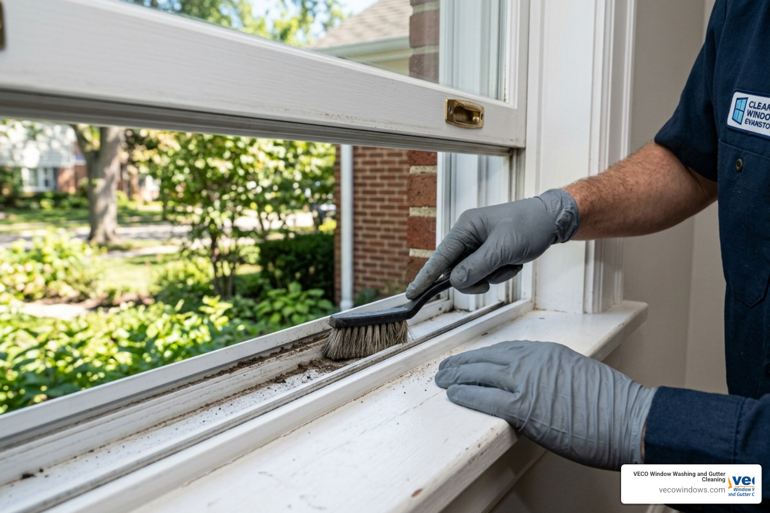 Close-up of a technician cleaning a window track with a specialized brush in Evanston - commercial window cleaning price