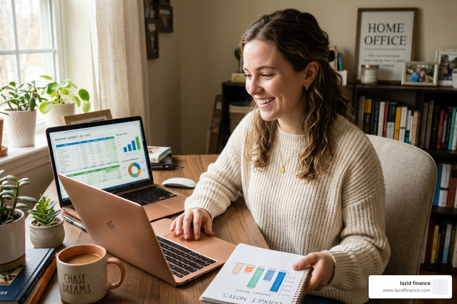 image of a person happily reviewing their budget on a laptop and a notebook - best planner for budgeting